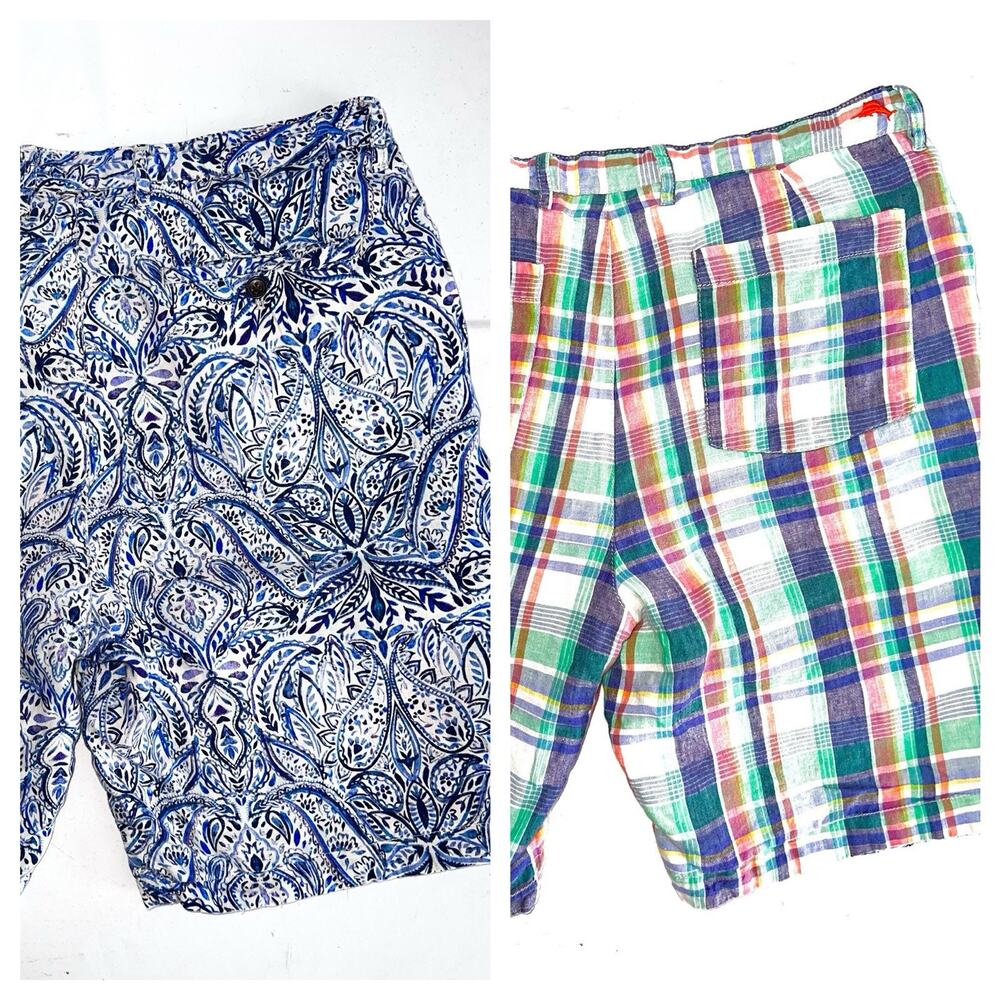 TOMMY BAHAMA REVERSIBLE FLAT FRONT LINEN SHORTS SIZE 36 BLUE FLORAL / PLAID